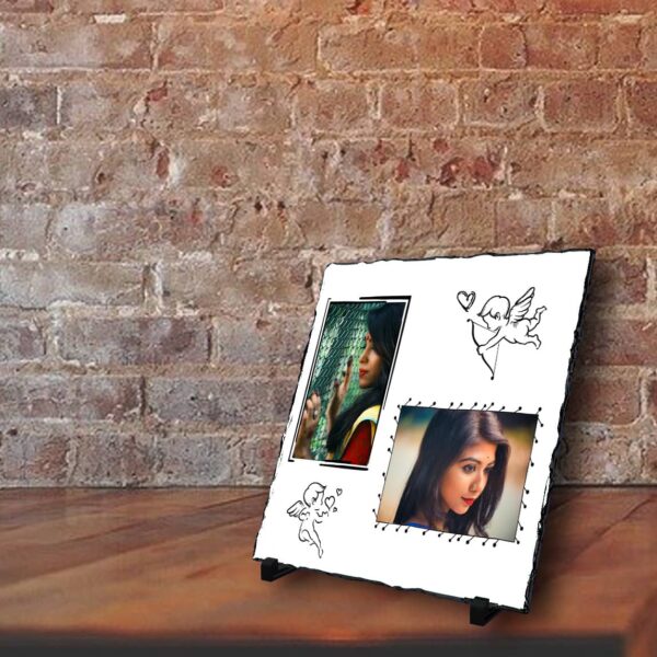 personalized square stone plaque with 2 photo in Cupid theme