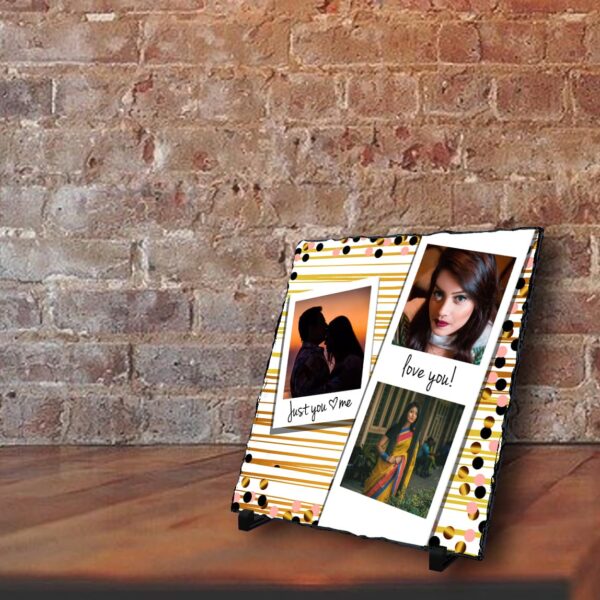 personalized square stone plaque with 3 photos - love you !