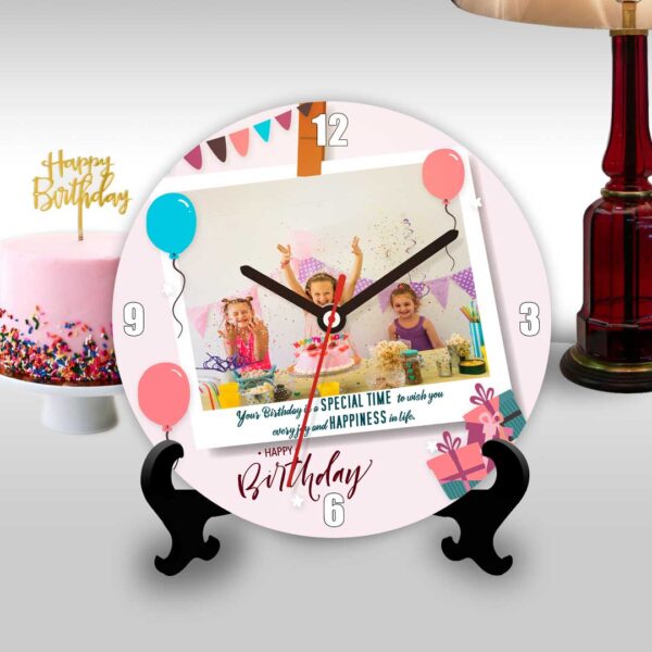 Happy birthday round clock with a polaroid themed photo