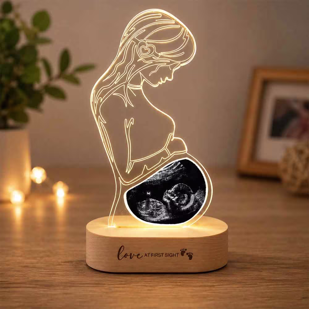 Custom Pregnancy Ultrasound Acrylic Lamp with LED Wooden Base Personalized pregnancy ultrasound LED acrylic lamp with custom baby scan and wooden LED base.