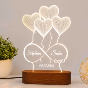 Personalized Infinity LED Lamp with custom names, heart balloons, warm white LED glow, premium wooden base, and USB power adapter for couples.
