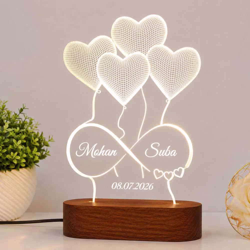 personalized-infinity-led-lamp-with-heart-balloons Personalized Infinity LED Lamp with custom names, heart balloons, warm white LED glow, premium wooden base, and USB power adapter for couples.